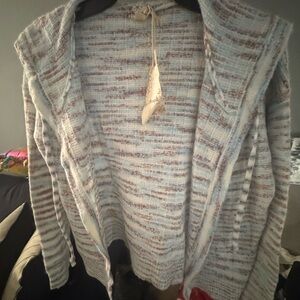 Hem & Thread Blue, white and brown hooded Textured zip Cardigan